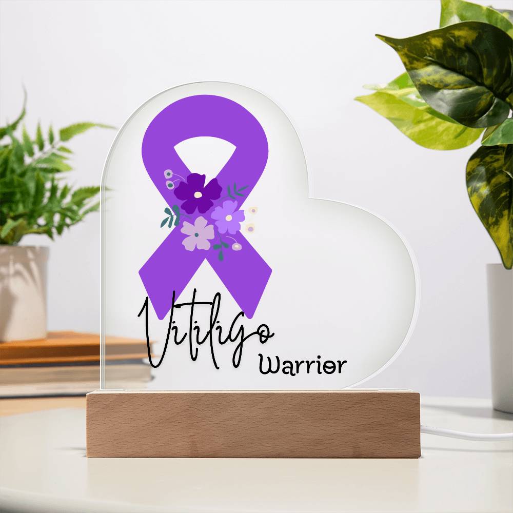 Vitiligo Warrior Acrylic Heart Plaque Sign | LED Base | Acrylic Night Light | Light Up Sign | Purple Awareness Ribbon