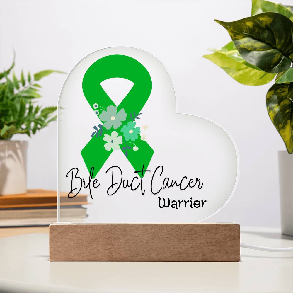 Bile Duct Cancer Warrior Acrylic Heart Plaque Sign | LED Base | Acrylic Night Light | Light Up Sign | Green Awareness Ribbon