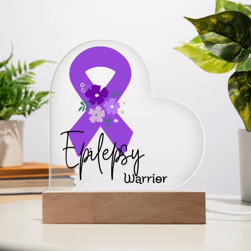 Epilepsy Warrior Acrylic Heart Plaque Sign | LED Base | Acrylic Night Light | Light Up Sign | Purple Awareness Ribbon