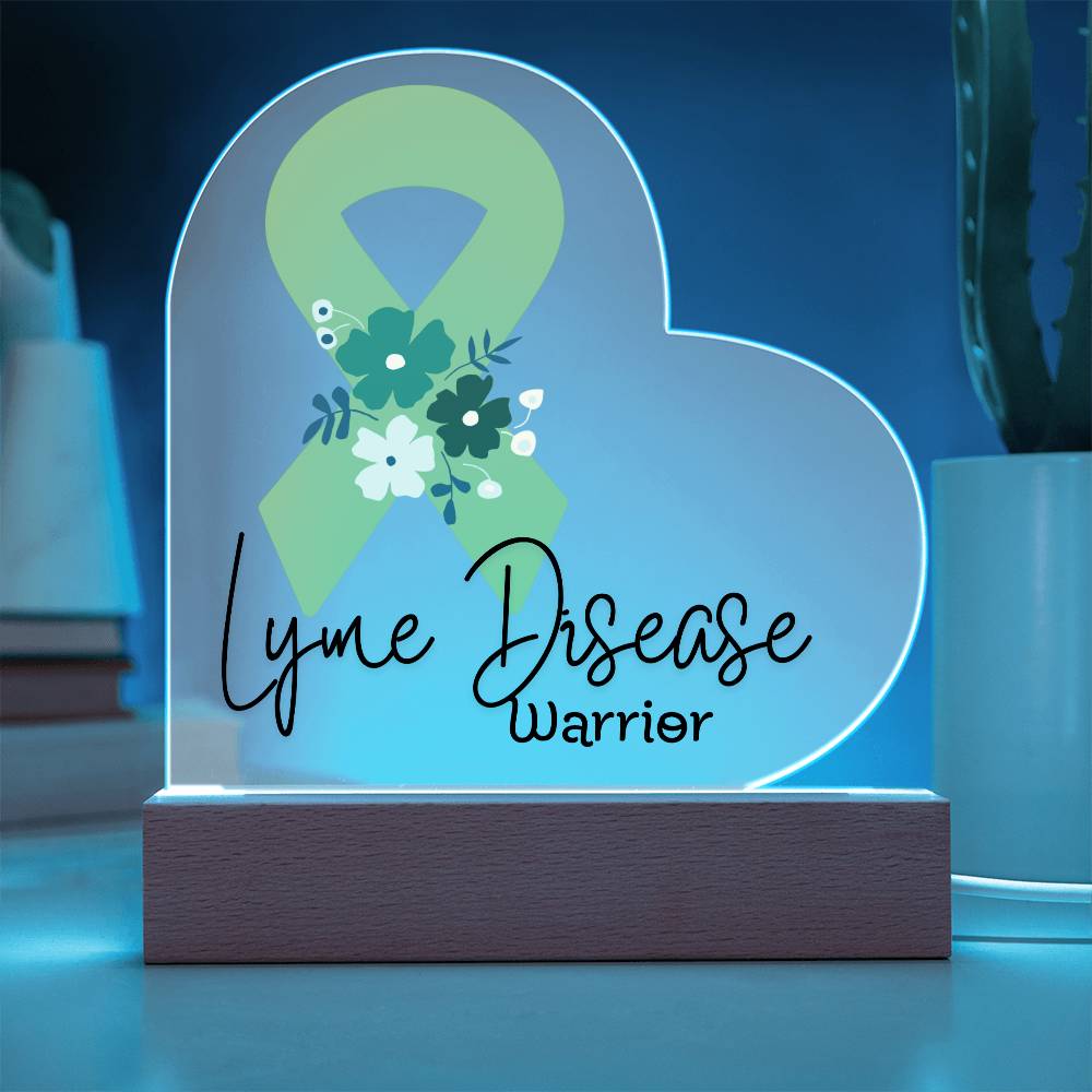 Lyme Disease Warrior Acrylic Heart Plaque Sign | LED Base | Acrylic Night Light | Light Up Sign | Lime Green Awareness