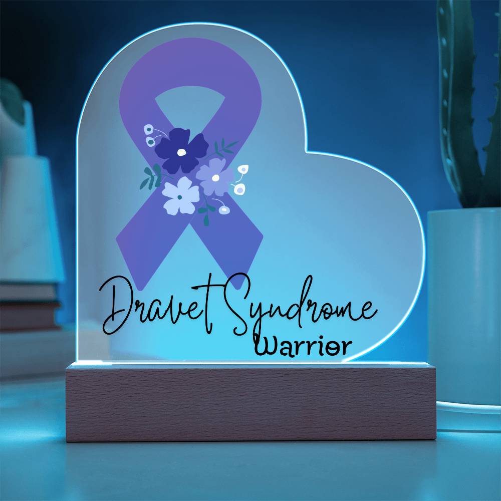 Dravet Syndrome Warrior Acrylic Heart Plaque Sign | LED Base | Acrylic Night Light | Light Up Sign | Purple Awareness Ribbon