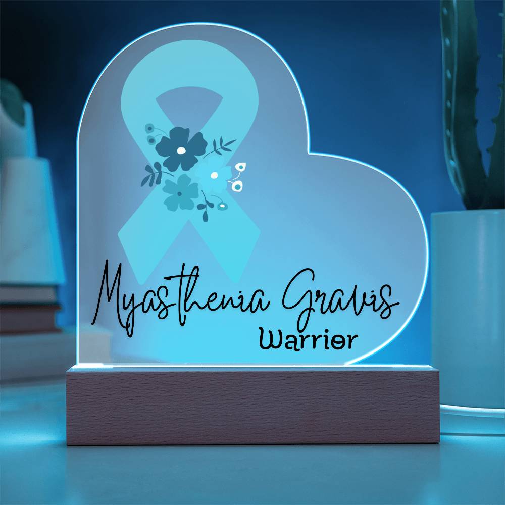 Myasthenia Gravis Warrior Acrylic Heart Plaque Sign | LED Base | Acrylic Night Light | Light Up Sign | Teal Awareness Ribbon