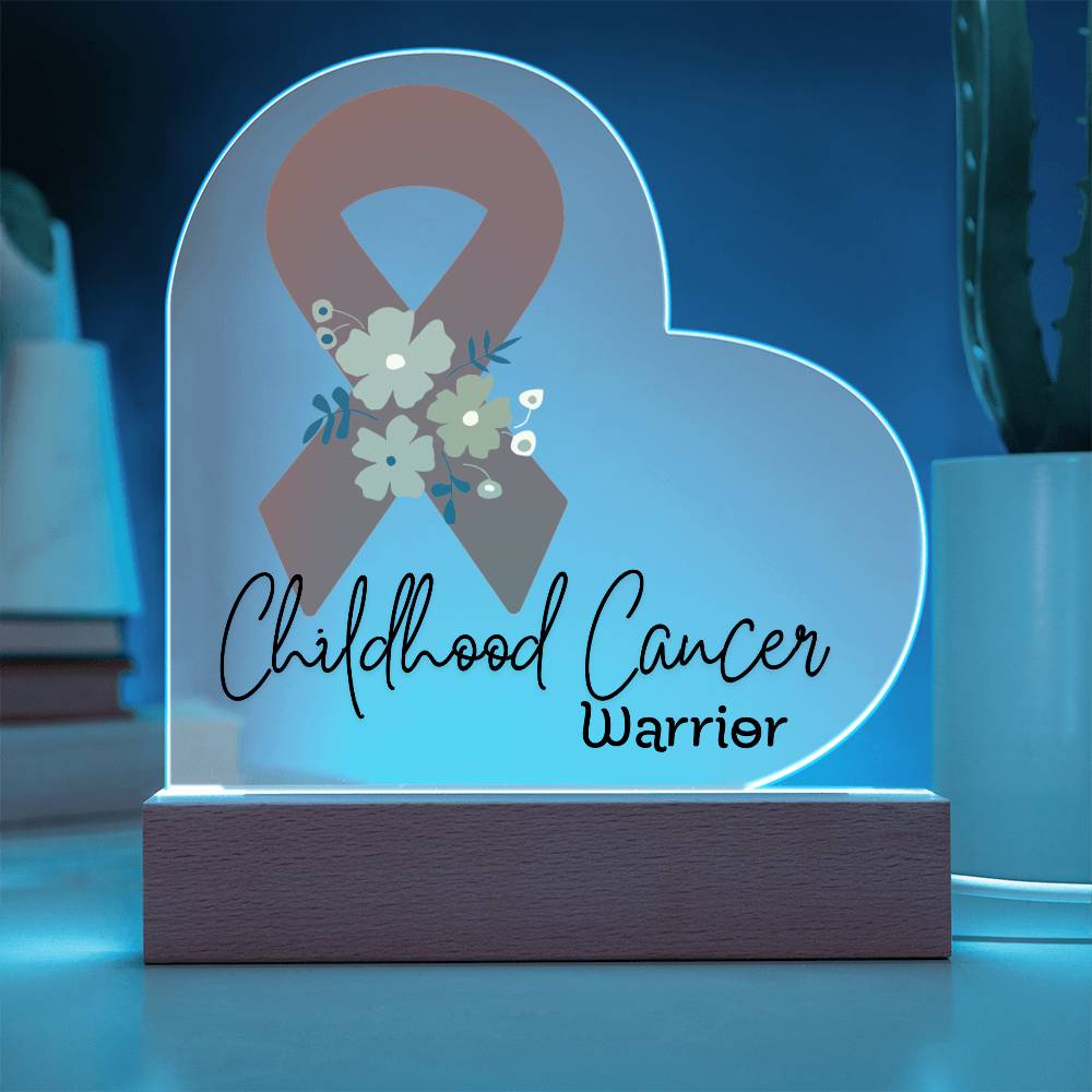 Childhood Cancer Warrior Acrylic Heart Plaque Sign | LED Base | Acrylic Night Light | Light Up Sign | Orange Awareness Ribbon
