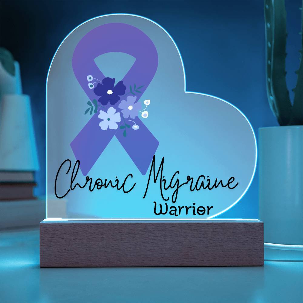 Chronic Migraine Warrior Acrylic Heart Plaque Sign | LED Base | Acrylic Night Light | Light Up Sign | Purple Awareness Ribbon