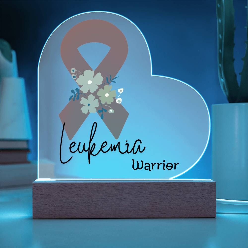 Leukemia Warrior Acrylic Heart Plaque Sign | LED Base | Acrylic Night Light | Light Up Sign | Orange Awareness Ribbon