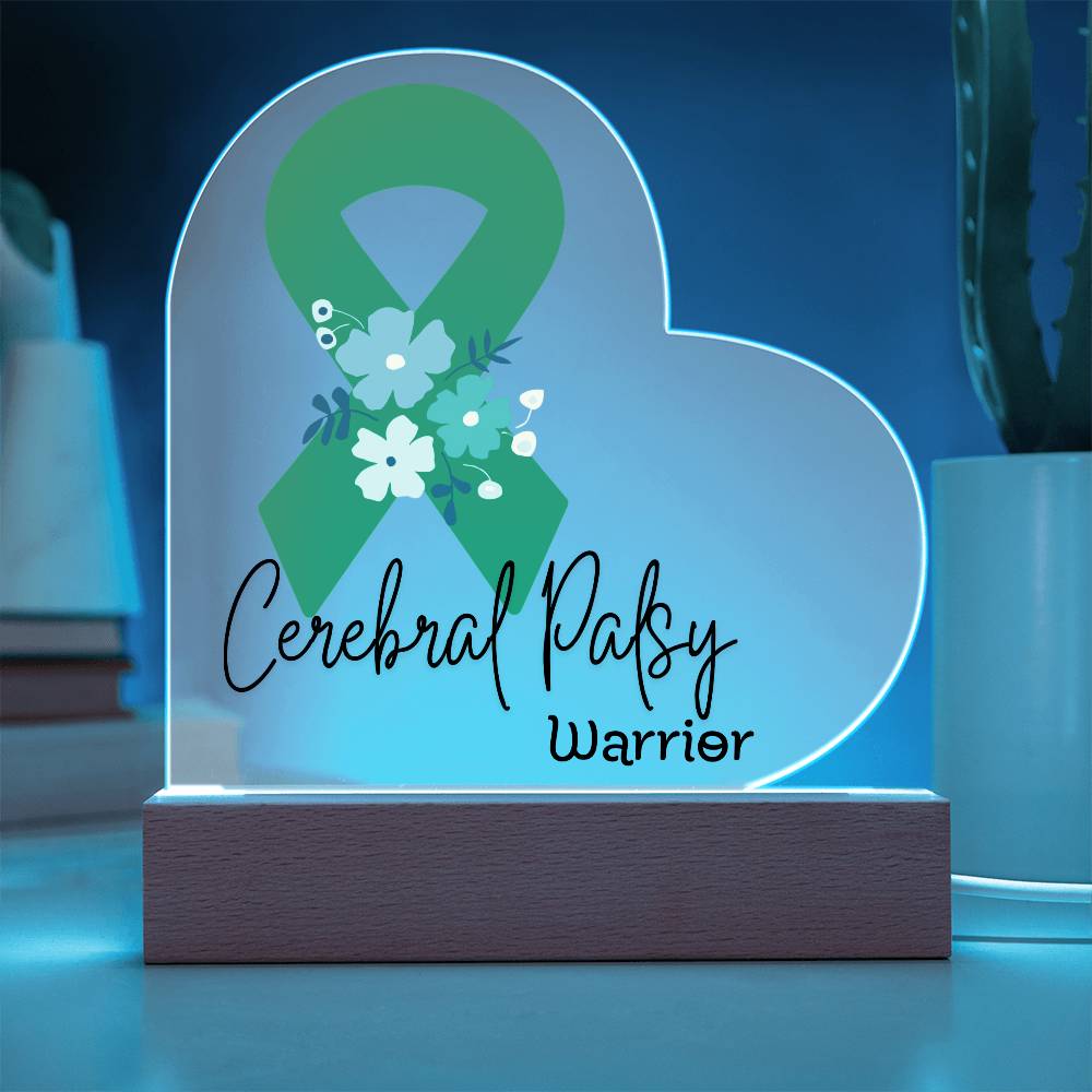 Cerebral Palsy Warrior Acrylic Heart Plaque Sign | LED Base | Acrylic Night Light | Light Up Sign | Green Awareness Ribbon