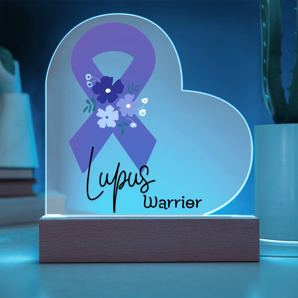Lupus Warrior Acrylic Heart Plaque Sign | LED Base | Acrylic Night Light | Light Up Sign | Purple Awareness Ribbon