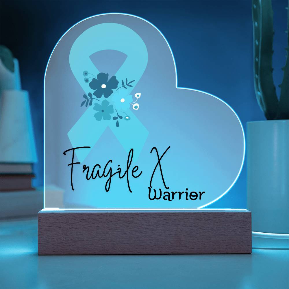 Fragile X Warrior Acrylic Heart Plaque Sign | LED Base | Acrylic Night Light | Light Up Sign | Teal Awareness Ribbon