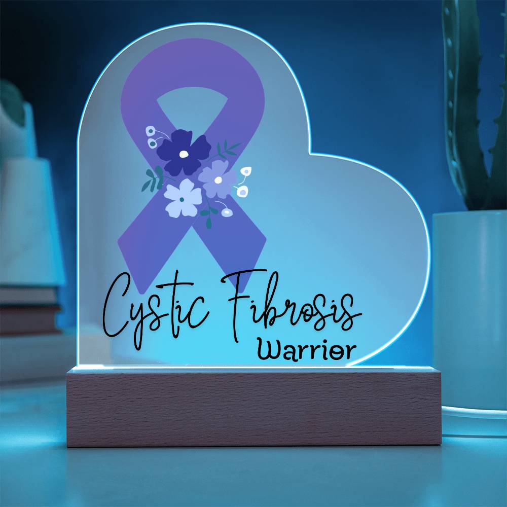 Cystic Fibrosis Warrior Acrylic Heart Plaque Sign | LED Base | Acrylic Night Light | Light Up Sign | Purple Awareness Ribbon