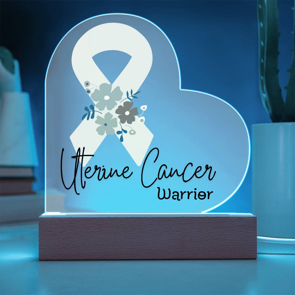 Uterine Cancer Warrior Acrylic Heart Plaque Sign | LED Base | Acrylic Night Light | Light Up Sign | Peach Awareness Ribbon
