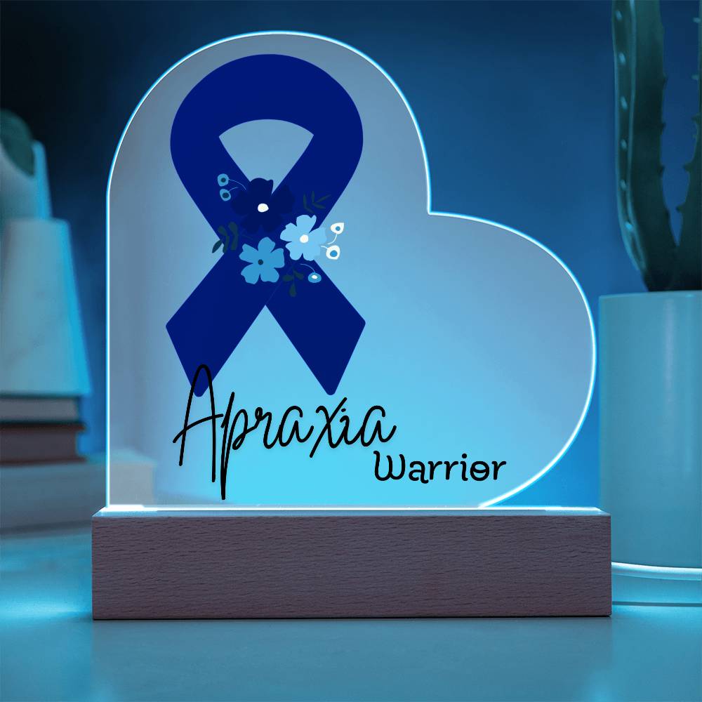 Apraxia Warrior Acrylic Heart Plaque Sign | LED Base | Acrylic Night Light | Light Up Sign | Blue Awareness Ribbon