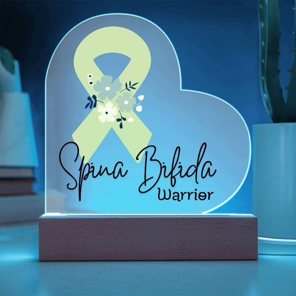 Spina Bifida Warrior Acrylic Heart Plaque Sign | LED Base | Acrylic Night Light | Light Up Sign | Yellow Awareness Ribbon