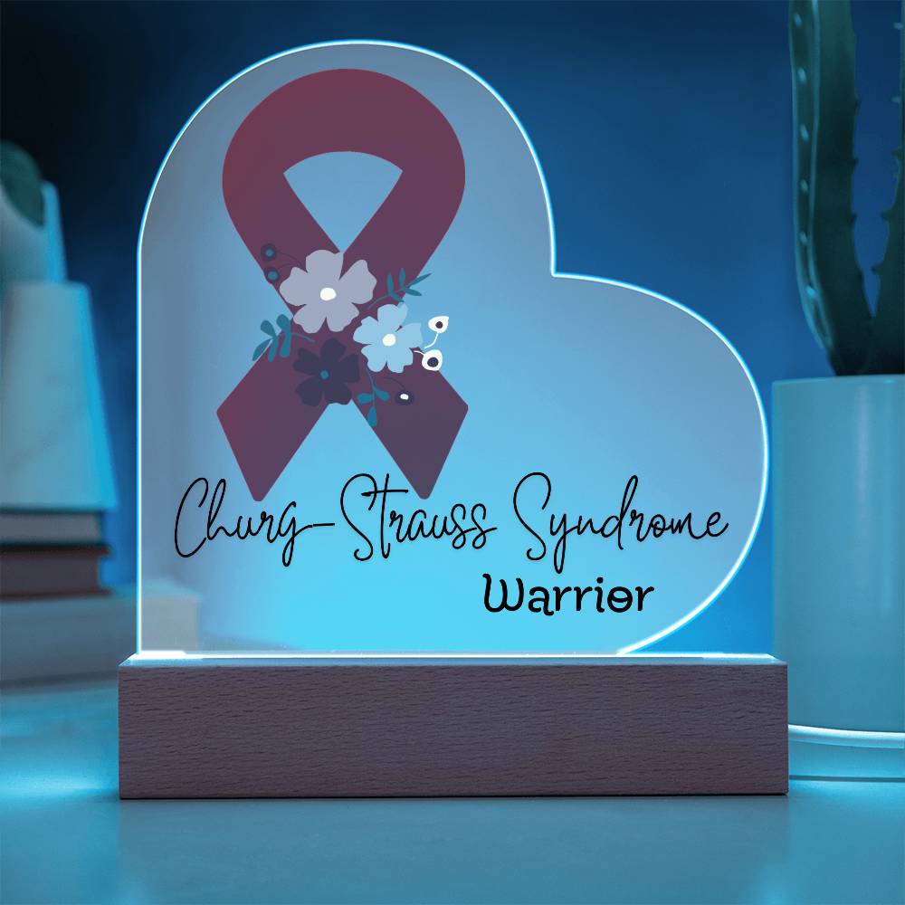 Churg Strauss Syndrome Warrior Acrylic Heart Plaque Sign | LED Base | Acrylic Night Light | Light Up Sign | Red Awareness Ribbon