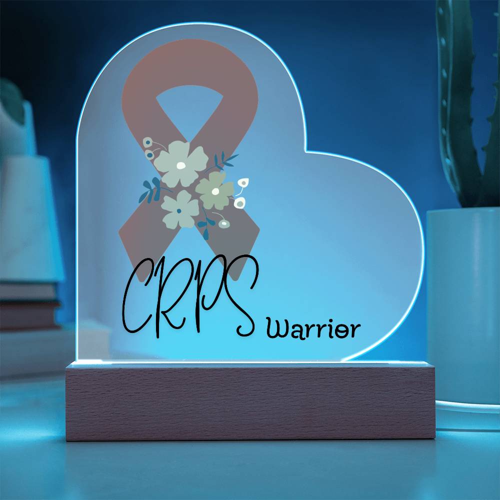 CRPS Warrior Acrylic Heart Plaque Sign | LED Base | Acrylic Night Light | Light Up Sign | Orange Awareness Ribbon