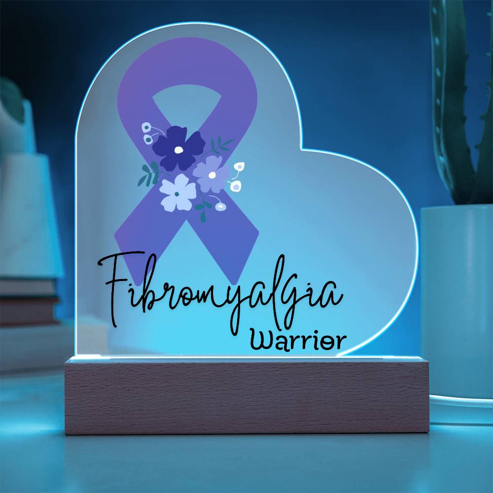 Fibromyalgia Warrior Acrylic Heart Plaque Sign | LED Base | Acrylic Night Light | Light Up Sign | Purple Awareness Ribbon