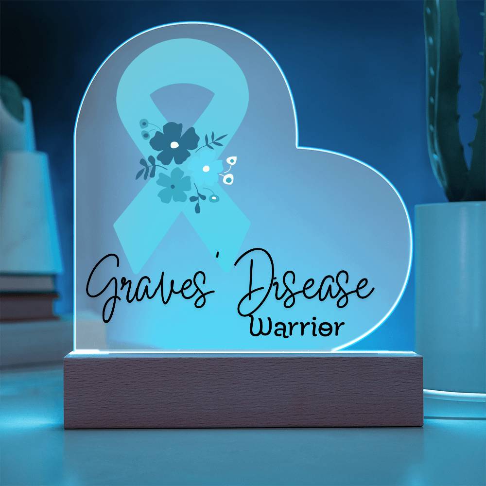 Graves Disease Warrior Acrylic Heart Plaque Sign | LED Base | Acrylic Night Light | Light Up Sign | Teal Awareness Ribbon