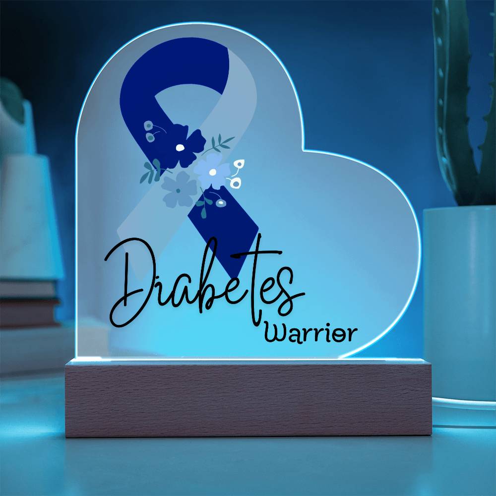 Diabetes Warrior Acrylic Heart Plaque Sign | LED Base | Acrylic Night Light | Light Up Sign | Blue and Gray Awareness Ribbon