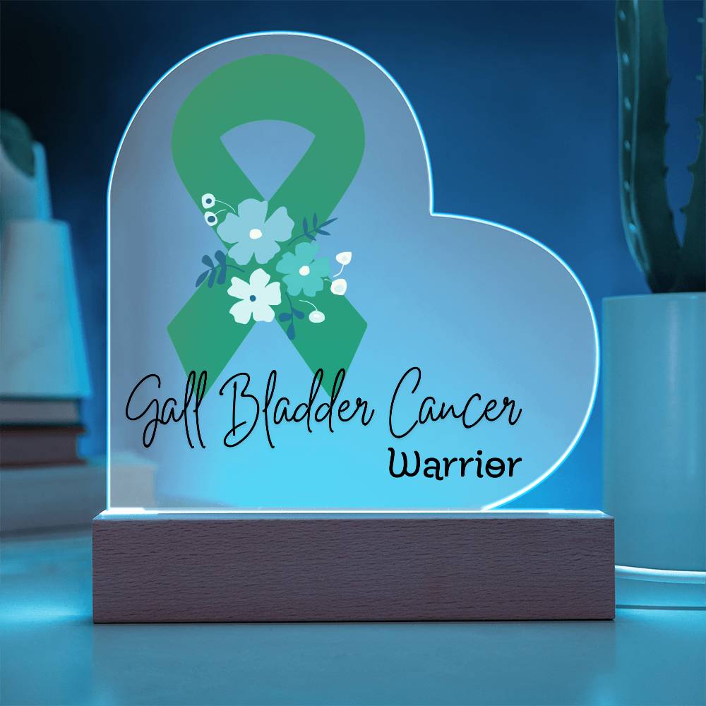 Gall Bladder Cancer Warrior Acrylic Heart Plaque Sign | LED Base | Acrylic Night Light | Light Up Sign | Green Awareness Ribbon