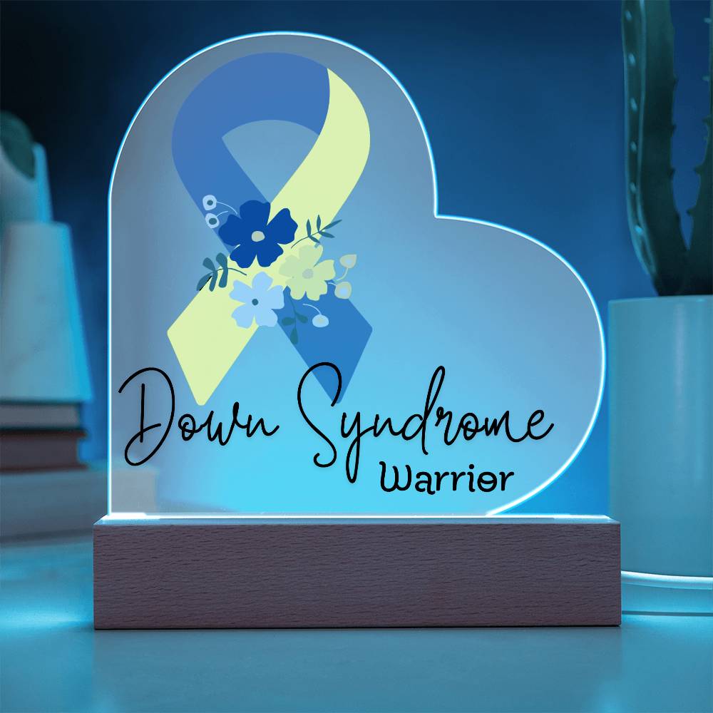 Down Syndrome Warrior Acrylic Heart Plaque Sign | LED Base | Acrylic Night Light | Light Up Sign | Blue & Yellow Awareness Ribbon