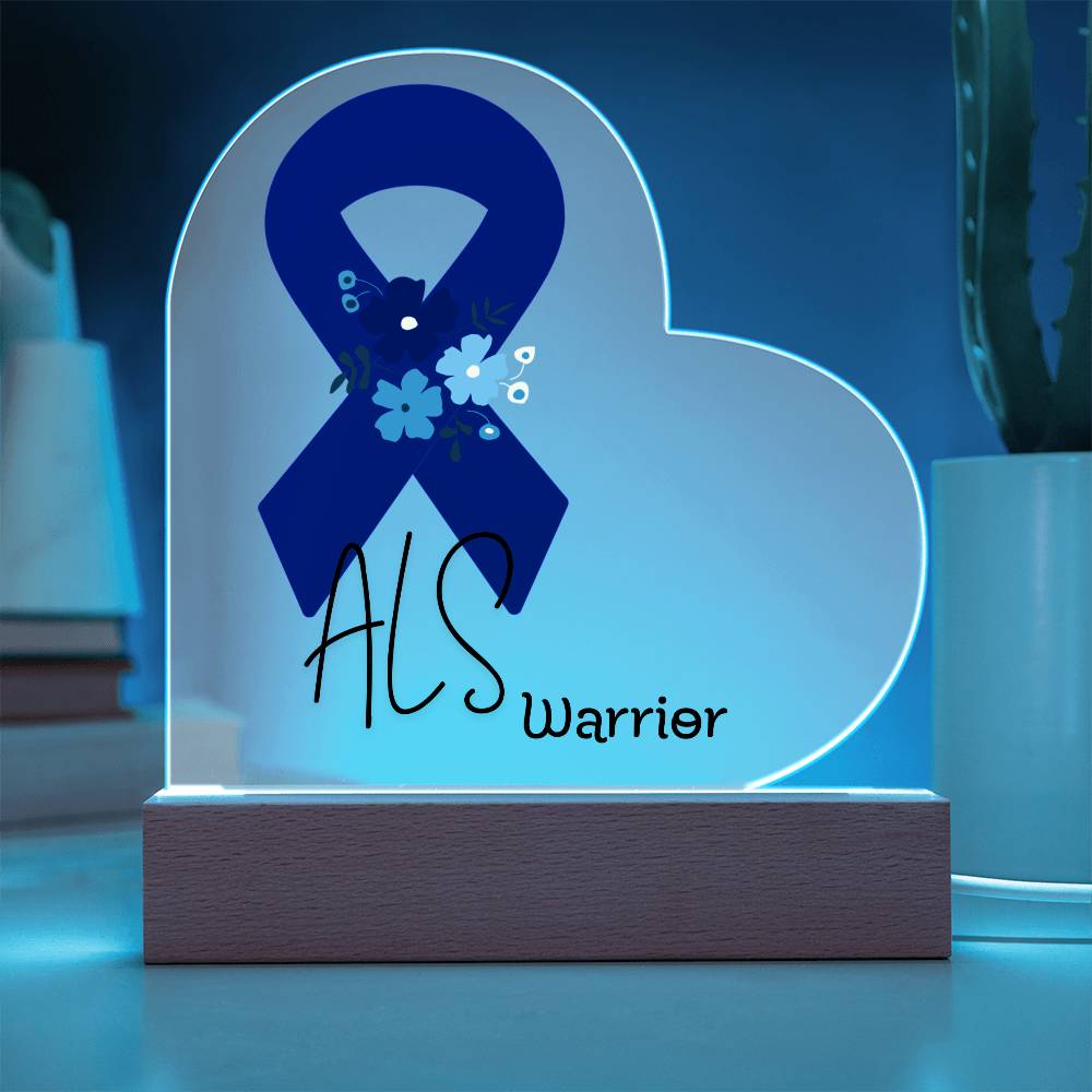 ALS Warrior Acrylic Heart Plaque Sign | LED Base | Acrylic Night Light | Light Up Sign | Blue Awareness Ribbon