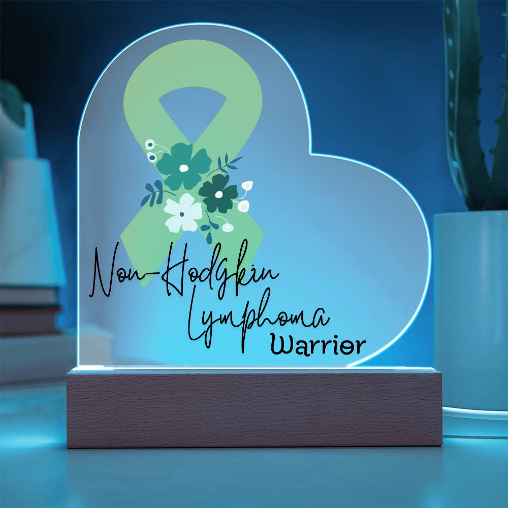 Non Hodgkin Lymphoma Warrior Acrylic Heart Plaque Sign | LED Base | Acrylic Night Light | Light Up Sign | Green Awareness Ribbon