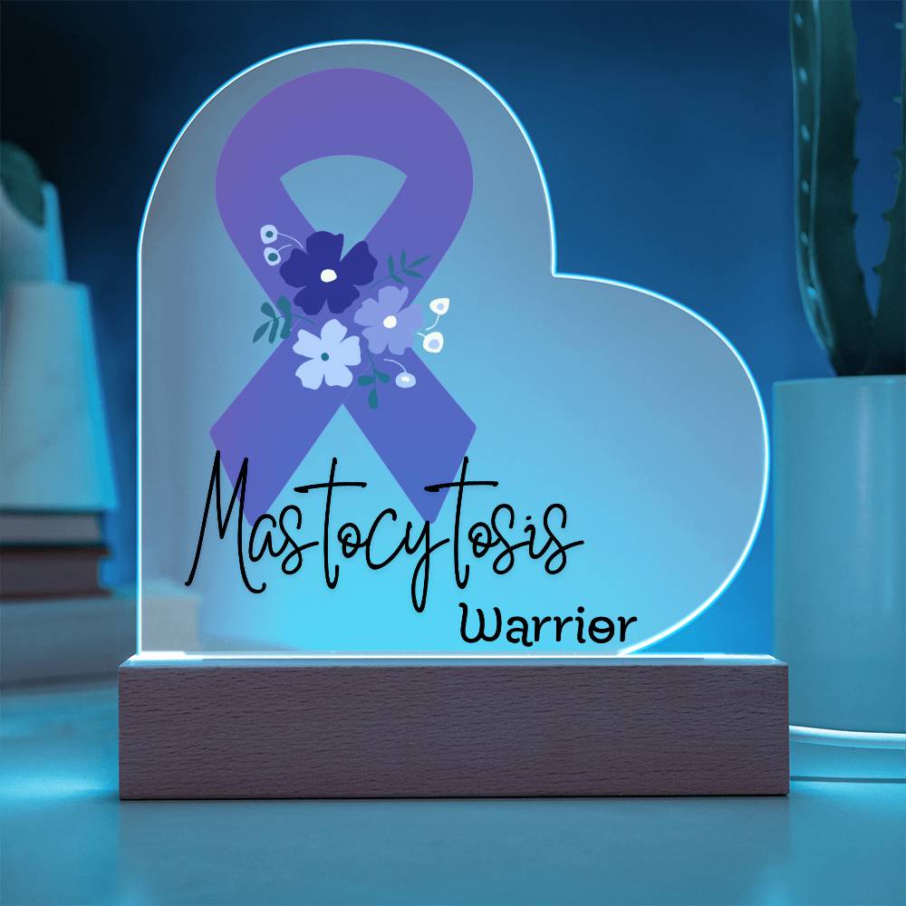 Mastocytosis Warrior Acrylic Heart Plaque Sign | LED Base | Acrylic Night Light | Light Up Sign | Purple Awareness Ribbon