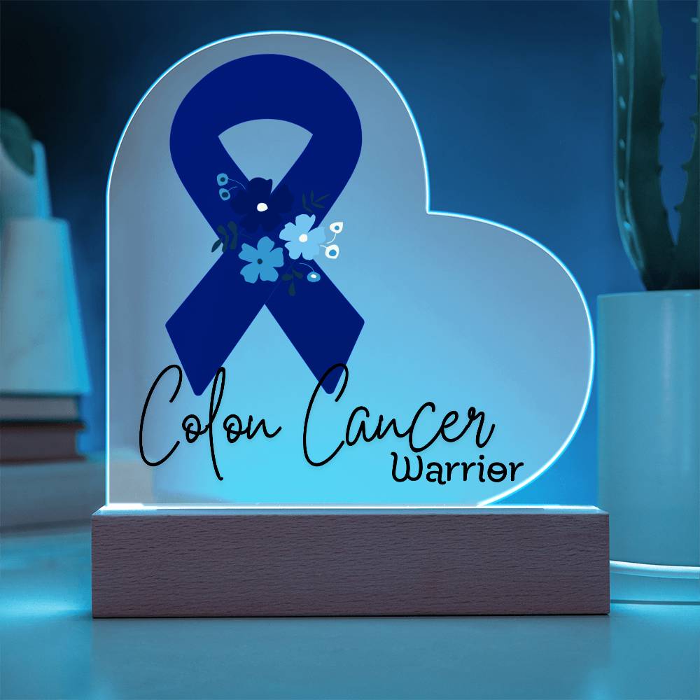 Colon Cancer Warrior Acrylic Heart Plaque Sign | LED Base | Acrylic Night Light | Light Up Sign | Blue Awareness Ribbon