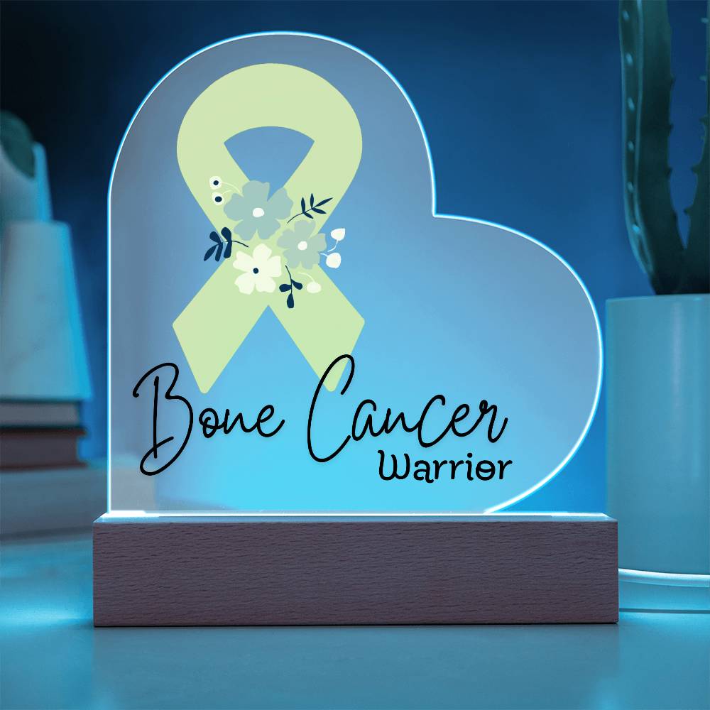 Bone Cancer Warrior Acrylic Heart Plaque Sign | LED Base | Acrylic Night Light | Light Up Sign | Yellow Awareness Ribbon