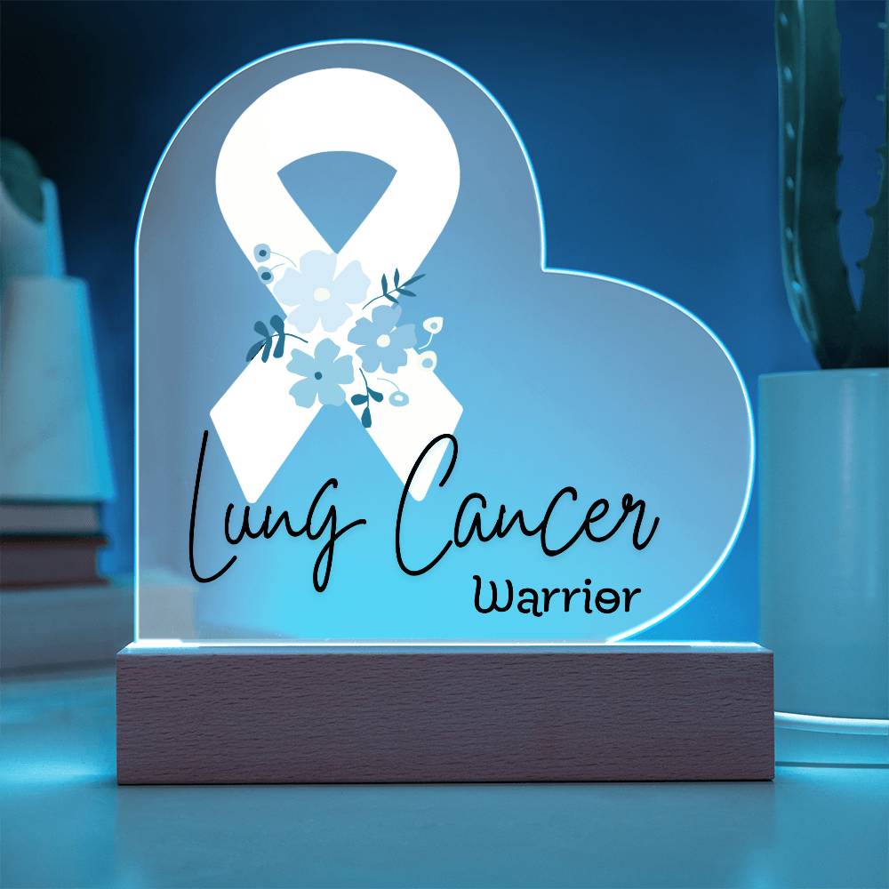 Lung Cancer Warrior Acrylic Heart Plaque Sign | LED Base | Acrylic Night Light | Light Up Sign | White Awareness Ribbon