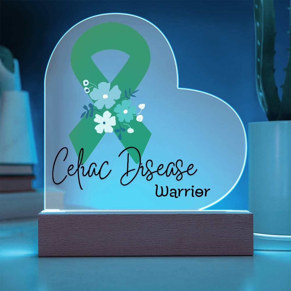 Celiac Disease Warrior Acrylic Heart Plaque Sign | LED Base | Acrylic Night Light | Light Up Sign | Green Awareness Ribbon