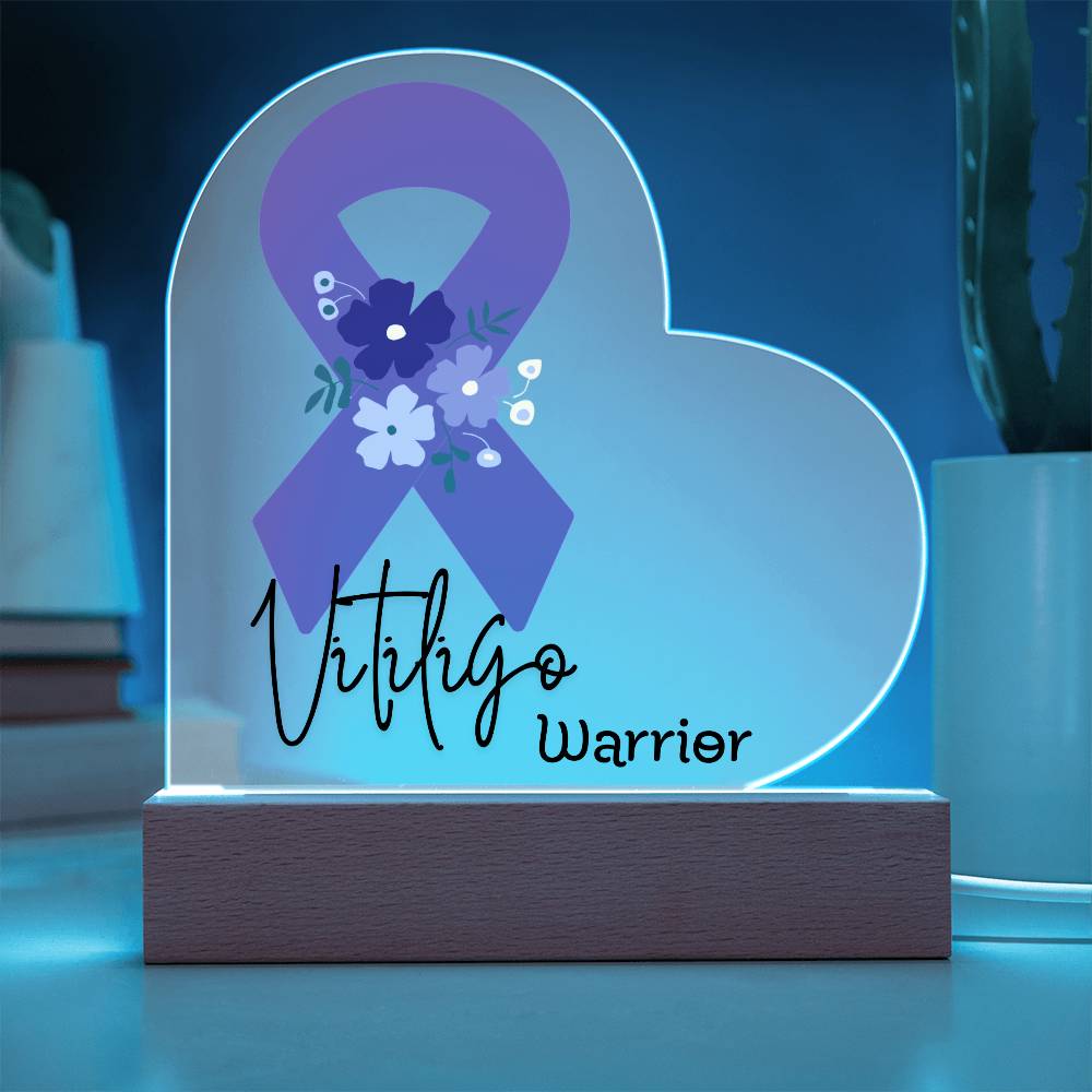 Vitiligo Warrior Acrylic Heart Plaque Sign | LED Base | Acrylic Night Light | Light Up Sign | Purple Awareness Ribbon