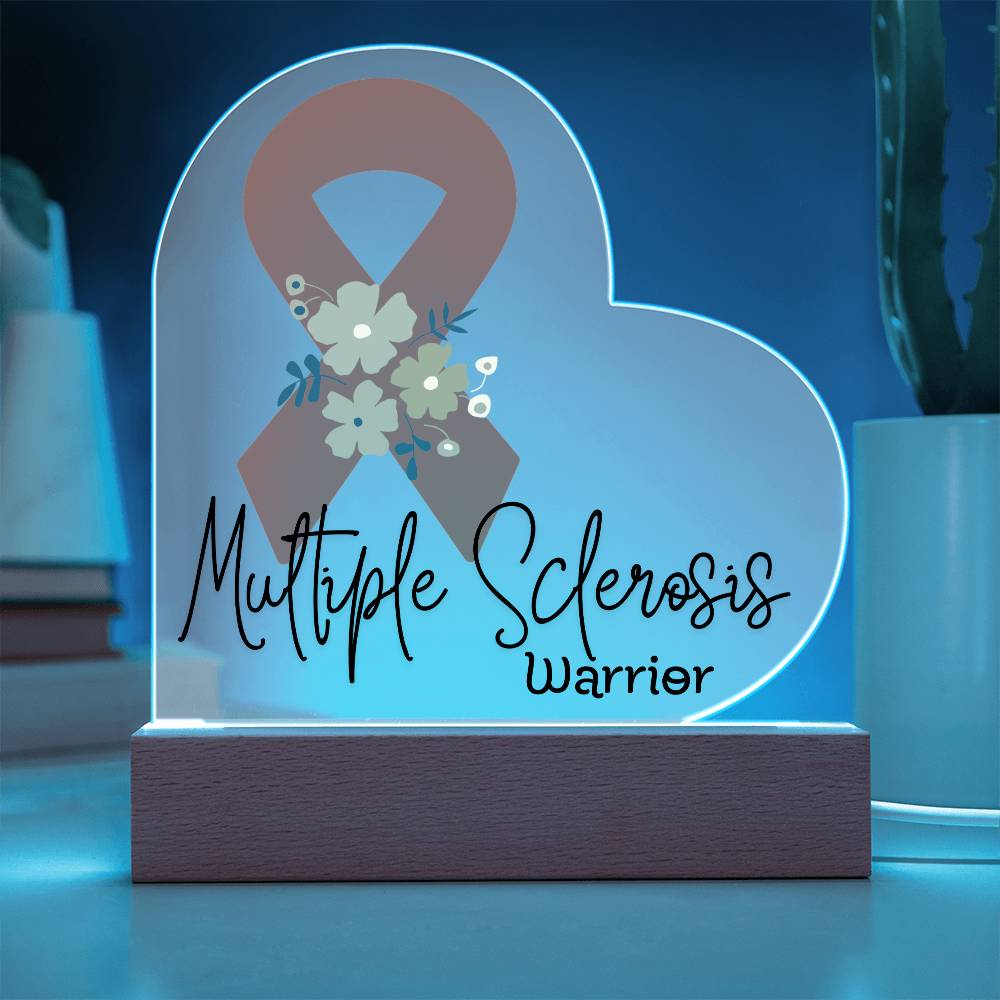 Multiple Sclerosis Warrior Acrylic Heart Plaque Sign | LED Base | Acrylic Night Light | Light Up Sign | Orange Awareness Ribbon