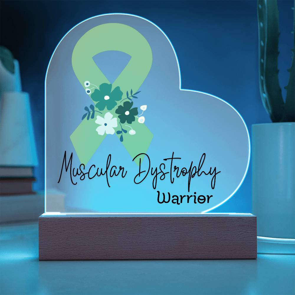 Muscular Dystrophy Warrior Acrylic Heart Plaque Sign | LED Base | Acrylic Night Light | Light Up Sign | Lime Green Awareness Ribbon