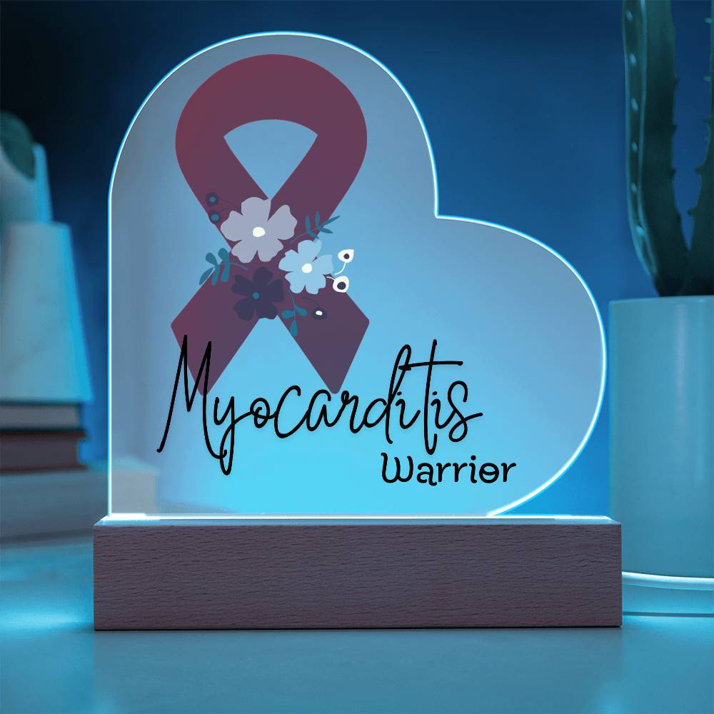 Myocarditis Warrior Acrylic Heart Plaque Sign | LED Base | Acrylic Night Light | Light Up Sign | Red Awareness Ribbon