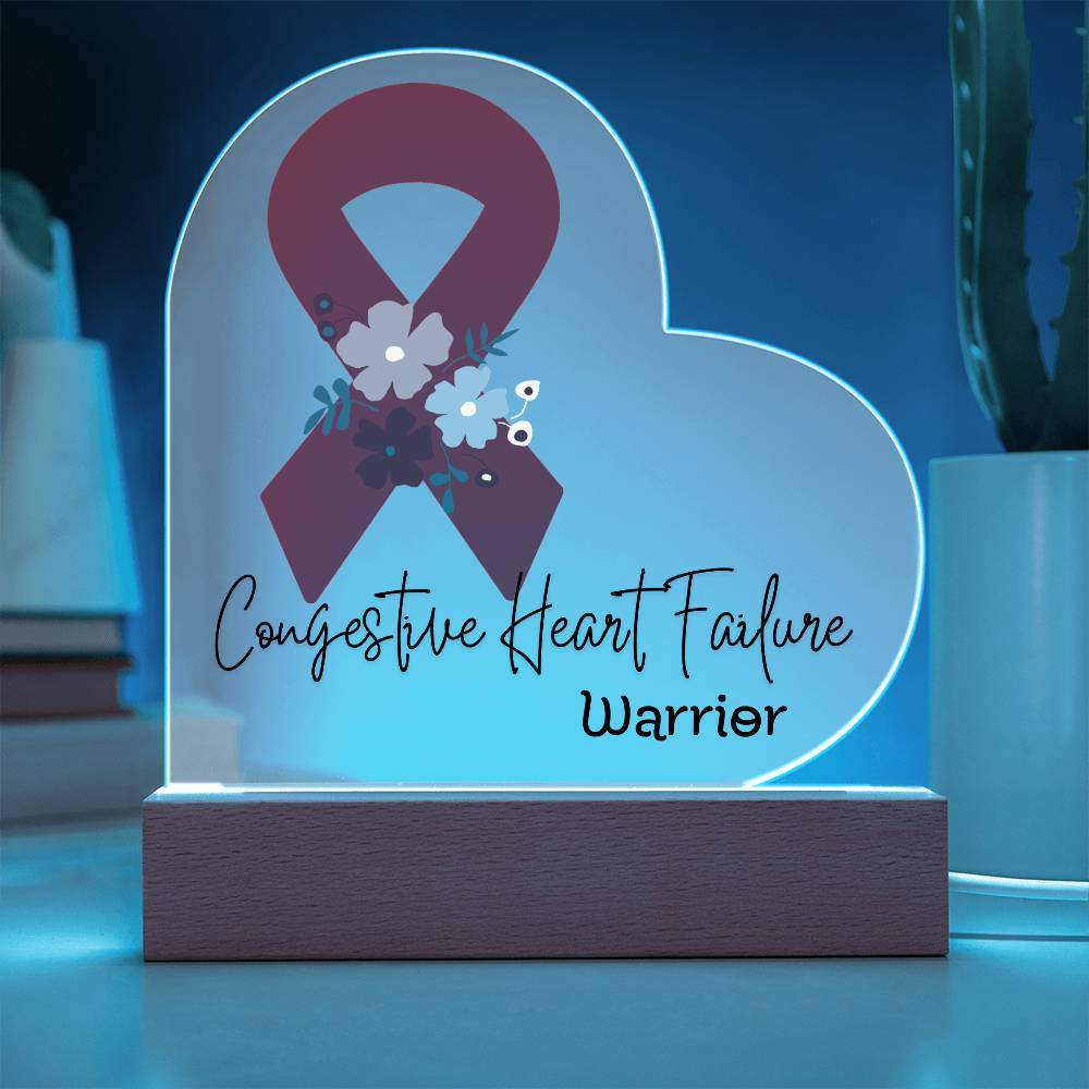 Congestive Heart Failure Warrior Acrylic Heart Plaque Sign | LED Base | Acrylic Night Light | Light Up Sign | Red Awareness Ribbon