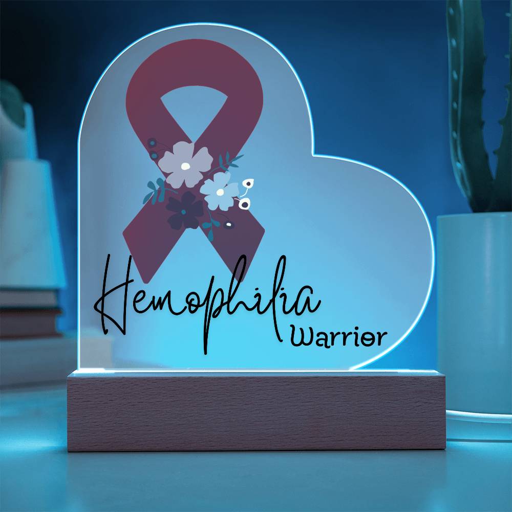 Hemophilia Warrior Acrylic Heart Plaque Sign | LED Base | Acrylic Night Light | Light Up Sign | Red Awareness Ribbon