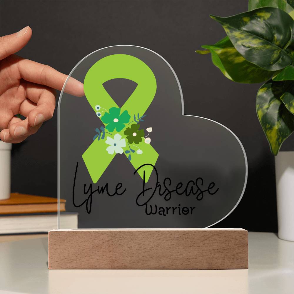 Lyme Disease Warrior Acrylic Heart Plaque Sign | LED Base | Acrylic Night Light | Light Up Sign | Lime Green Awareness