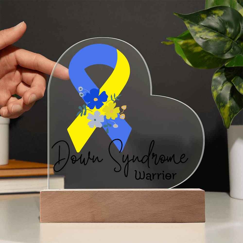 Down Syndrome Warrior Acrylic Heart Plaque Sign | LED Base | Acrylic Night Light | Light Up Sign | Blue & Yellow Awareness Ribbon