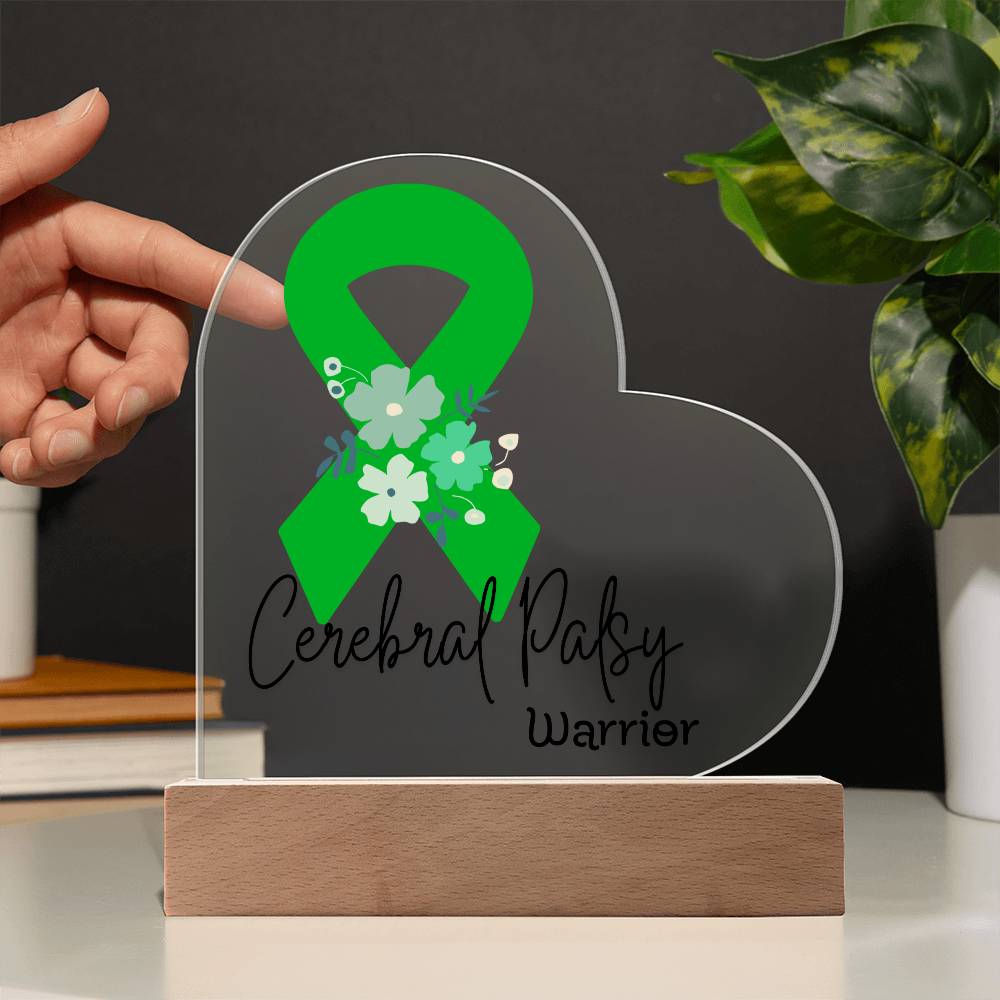 Cerebral Palsy Warrior Acrylic Heart Plaque Sign | LED Base | Acrylic Night Light | Light Up Sign | Green Awareness Ribbon