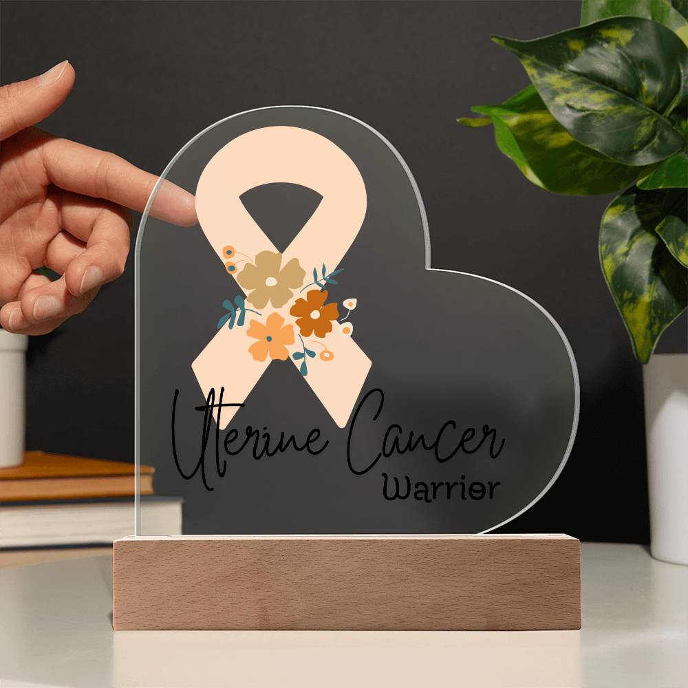 Uterine Cancer Warrior Acrylic Heart Plaque Sign | LED Base | Acrylic Night Light | Light Up Sign | Peach Awareness Ribbon