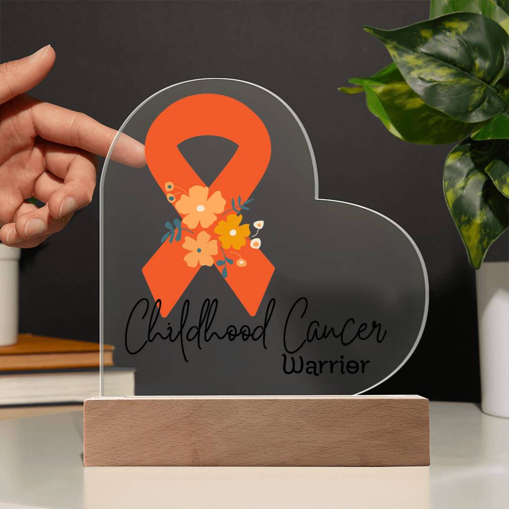 Childhood Cancer Warrior Acrylic Heart Plaque Sign | LED Base | Acrylic Night Light | Light Up Sign | Orange Awareness Ribbon