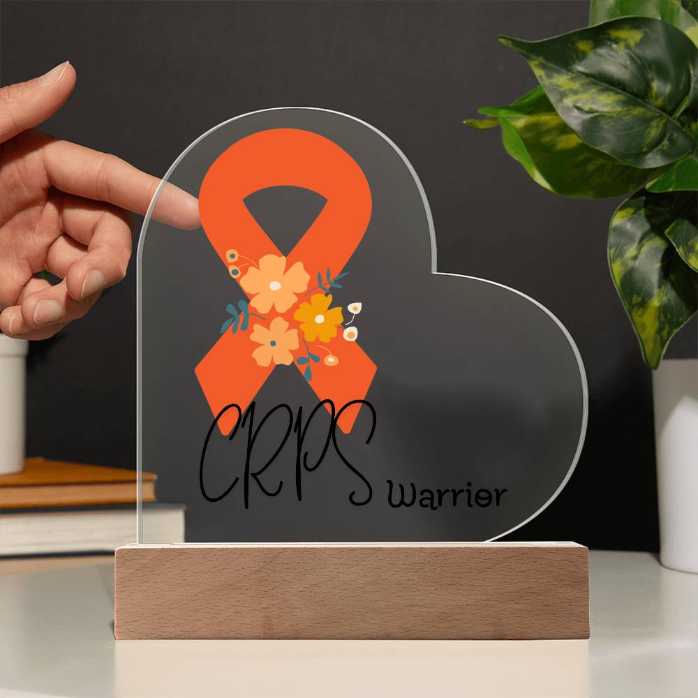 CRPS Warrior Acrylic Heart Plaque Sign | LED Base | Acrylic Night Light | Light Up Sign | Orange Awareness Ribbon