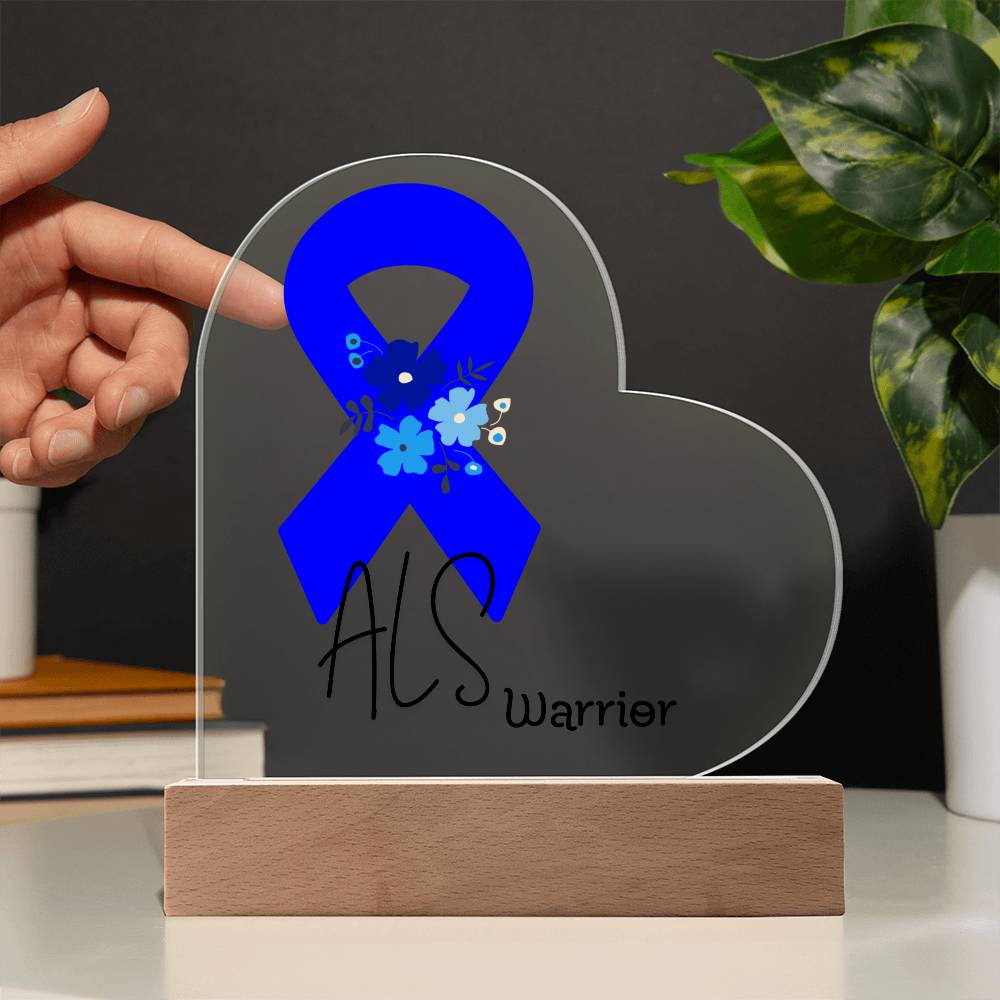 ALS Warrior Acrylic Heart Plaque Sign | LED Base | Acrylic Night Light | Light Up Sign | Blue Awareness Ribbon