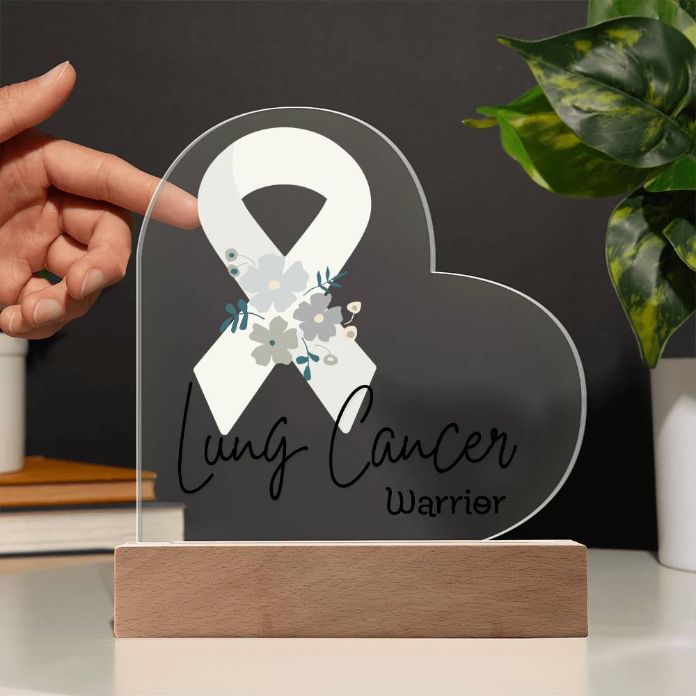 Lung Cancer Warrior Acrylic Heart Plaque Sign | LED Base | Acrylic Night Light | Light Up Sign | White Awareness Ribbon