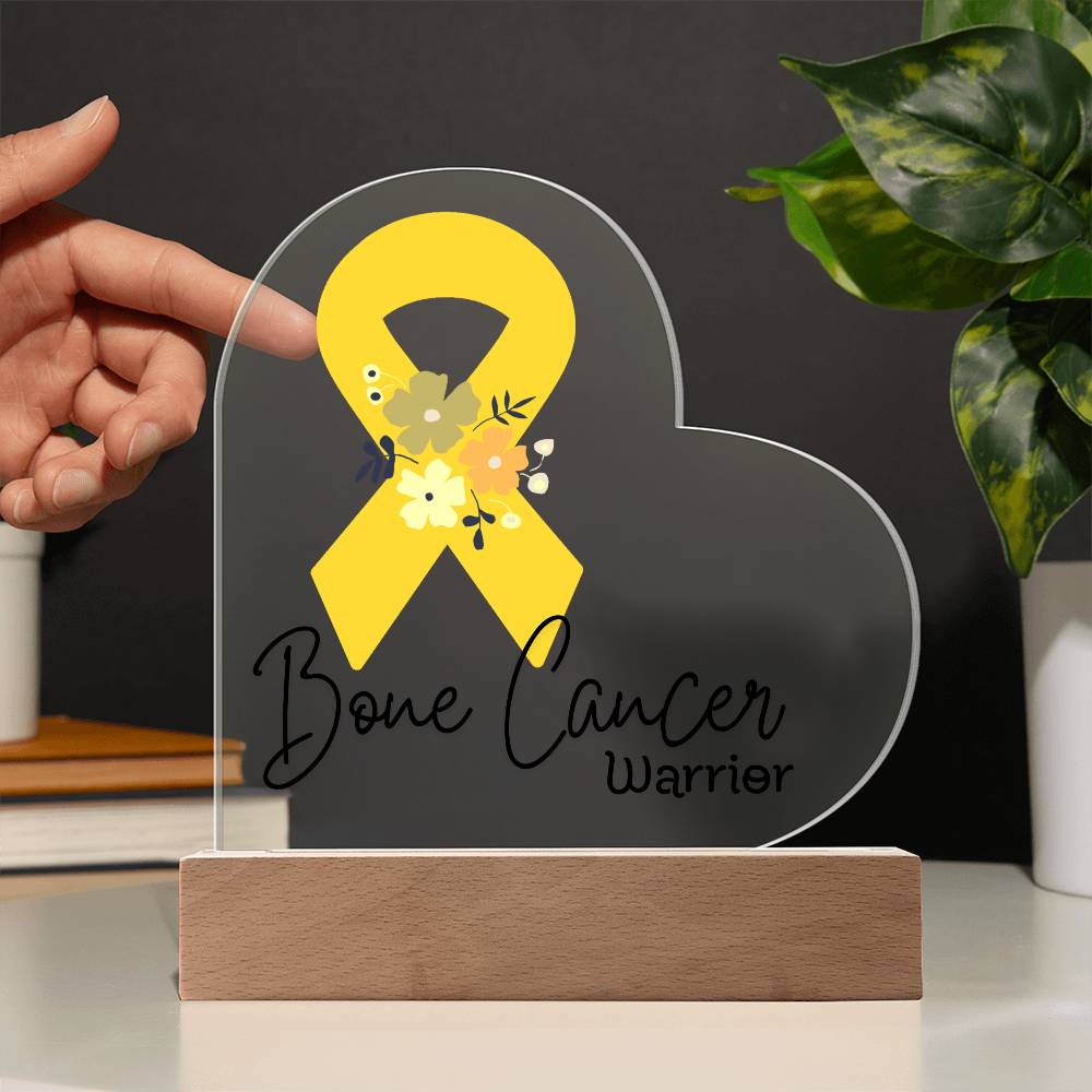 Bone Cancer Warrior Acrylic Heart Plaque Sign | LED Base | Acrylic Night Light | Light Up Sign | Yellow Awareness Ribbon