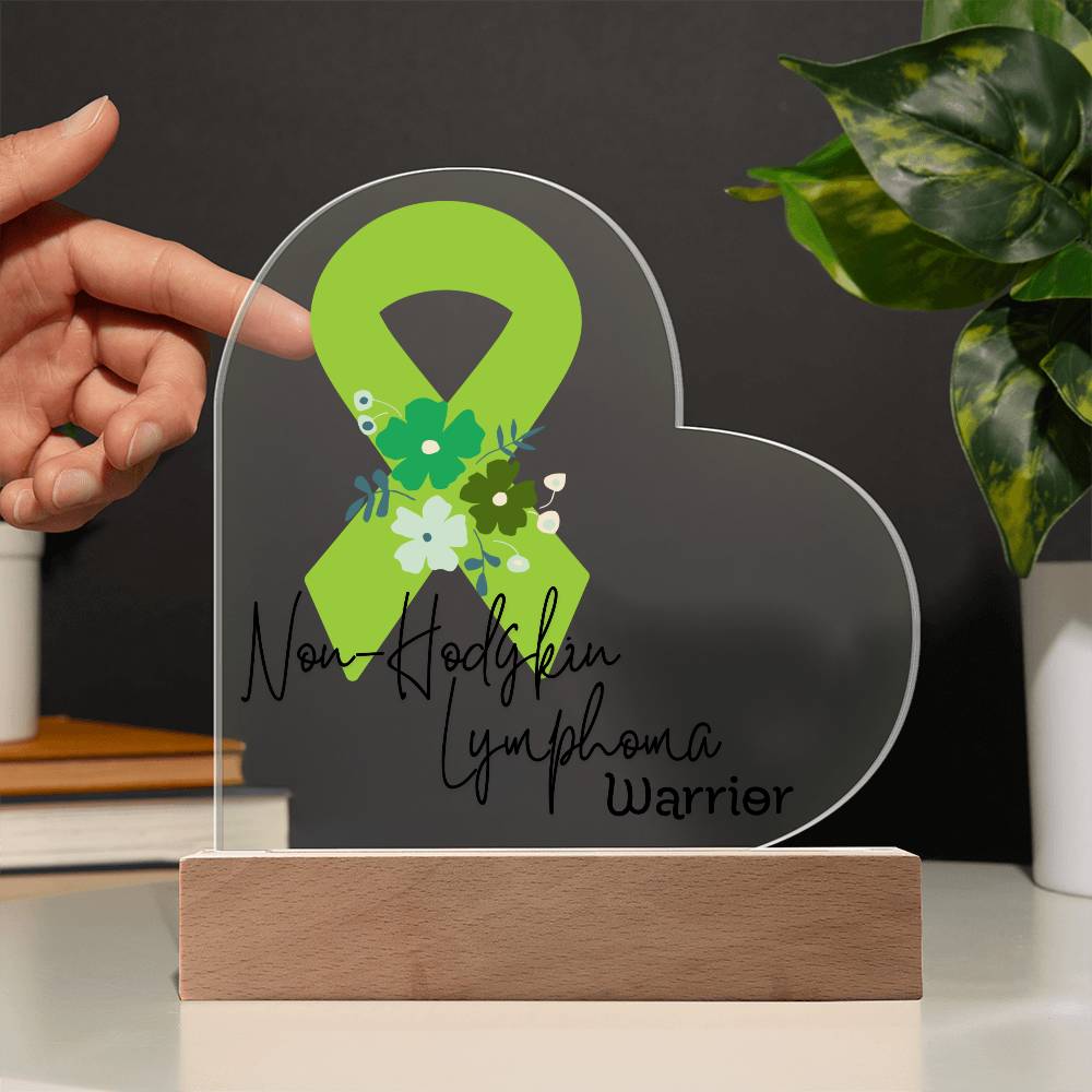 Non Hodgkin Lymphoma Warrior Acrylic Heart Plaque Sign | LED Base | Acrylic Night Light | Light Up Sign | Green Awareness Ribbon