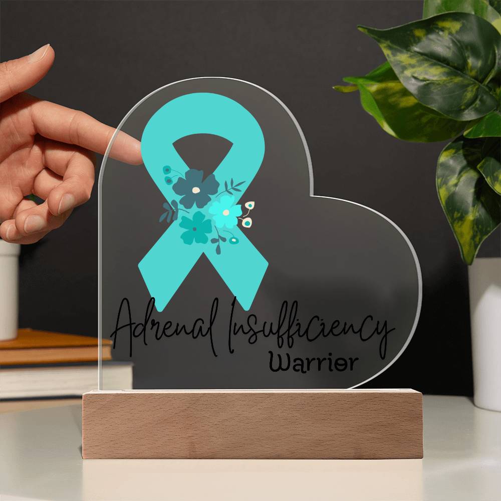 Adrenal Insufficiency Warrior Acrylic Heart Plaque Sign | LED Base | Acrylic Night Light | Light Up Sign | Teal Awareness Ribbon