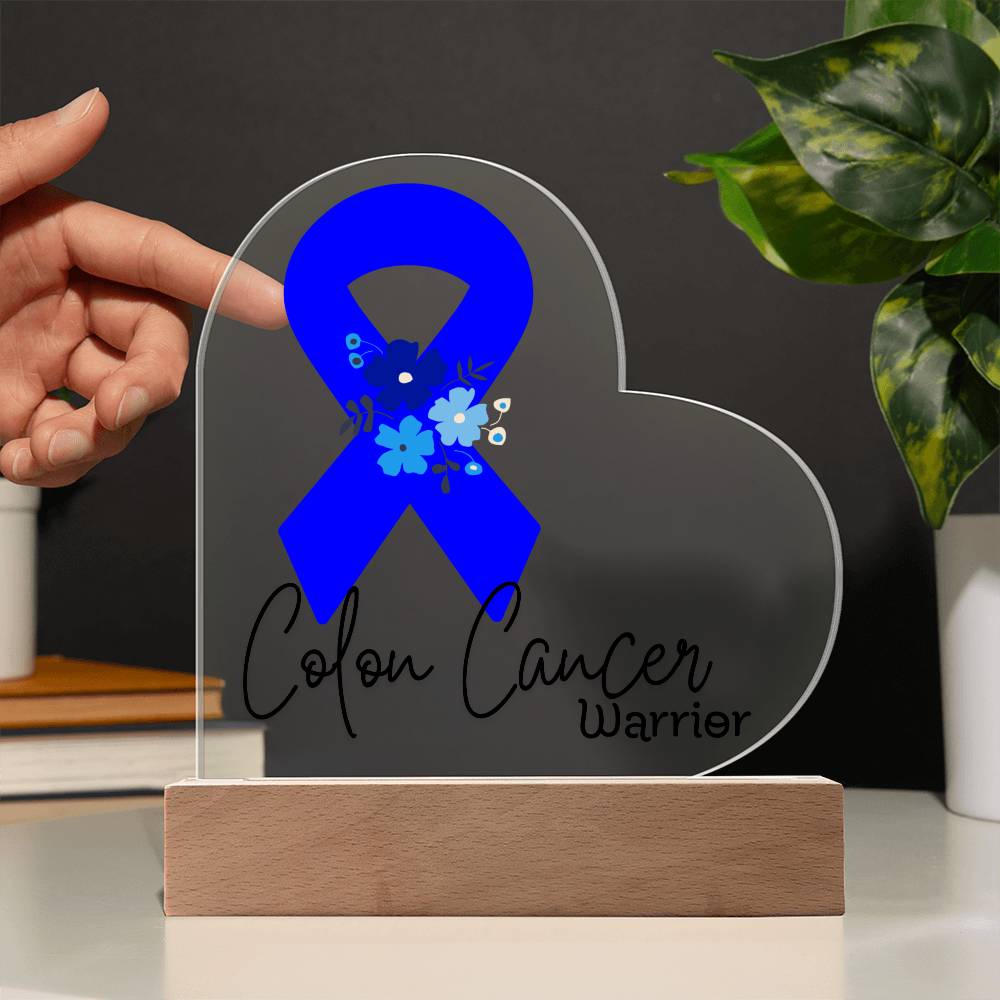 Colon Cancer Warrior Acrylic Heart Plaque Sign | LED Base | Acrylic Night Light | Light Up Sign | Blue Awareness Ribbon