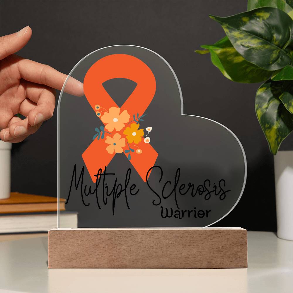Multiple Sclerosis Warrior Acrylic Heart Plaque Sign | LED Base | Acrylic Night Light | Light Up Sign | Orange Awareness Ribbon