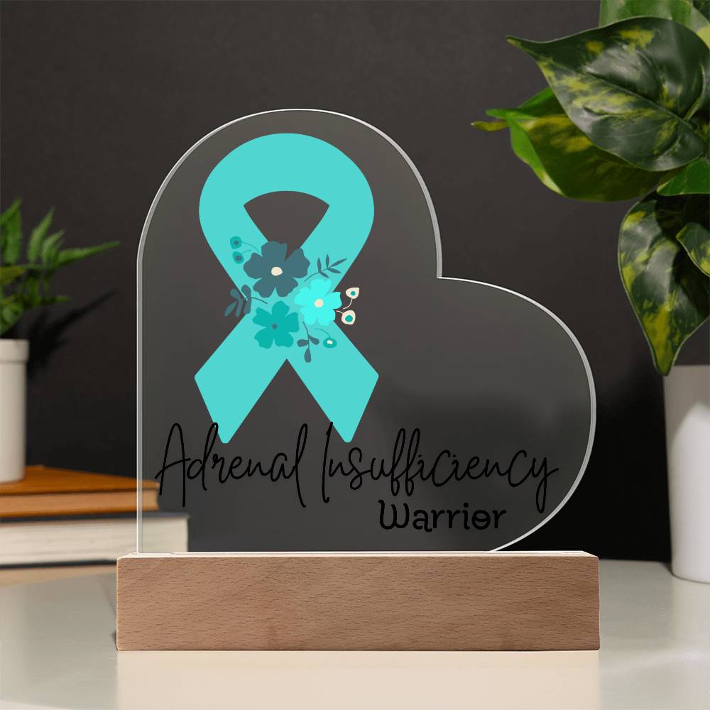 Adrenal Insufficiency Warrior Acrylic Heart Plaque Sign | LED Base | Acrylic Night Light | Light Up Sign | Teal Awareness Ribbon